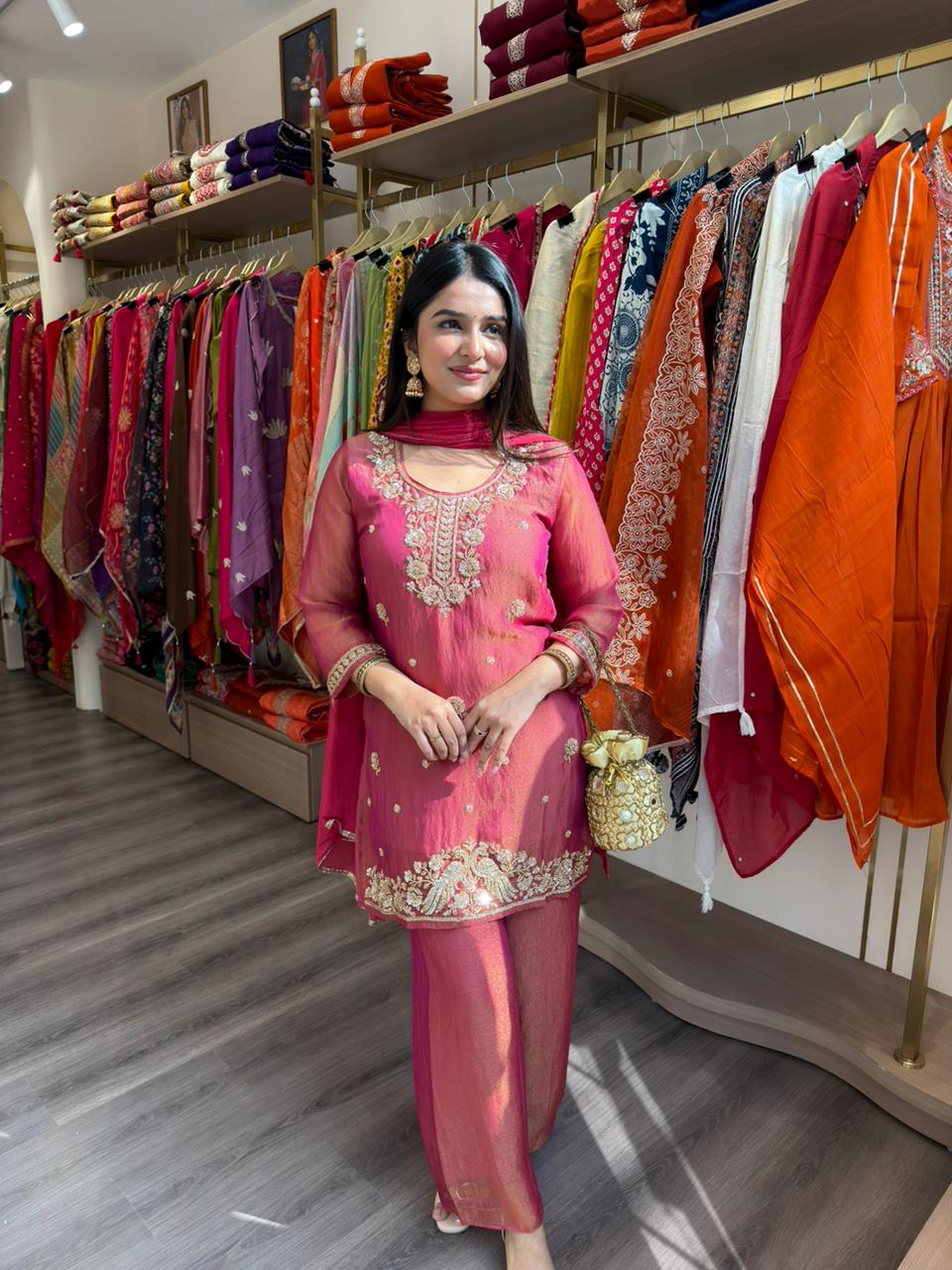 Pink Embroidered Kurta Sharara Set with Dupatta for Women | Wedding & Festive Wear