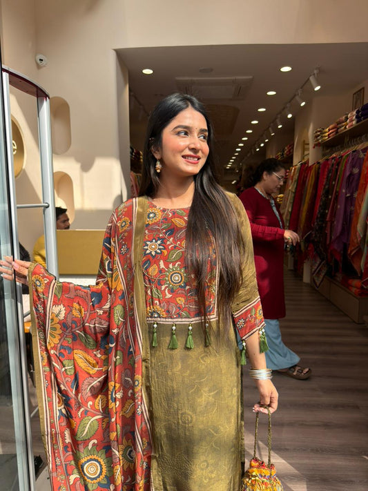 Olive Green Printed Lawn Kurta Set with Dupatta – 3 Piece Festive Outfit for Women