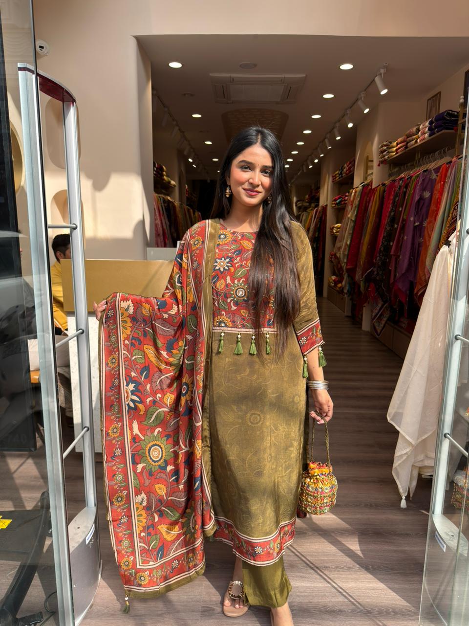 Olive Green Printed Lawn Kurta Set with Dupatta – 3 Piece Festive Outfit for Women
