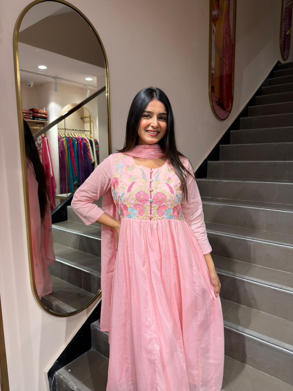 Women’s Blush Pink Embroidered Anarkali Kurti Set with Dupatta | Elegant Festive Wear