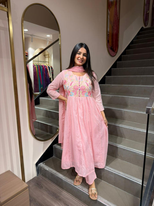 Women’s Blush Pink Embroidered Anarkali Kurti Set with Dupatta | Elegant Festive Wear
