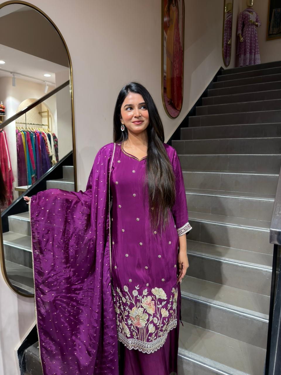 Purple Embroidered 3 Piece Suit with Dupatta – Luxury Festive Kurta Set for Women