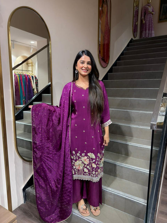 Purple Embroidered 3 Piece Suit with Dupatta – Luxury Festive Kurta Set for Women