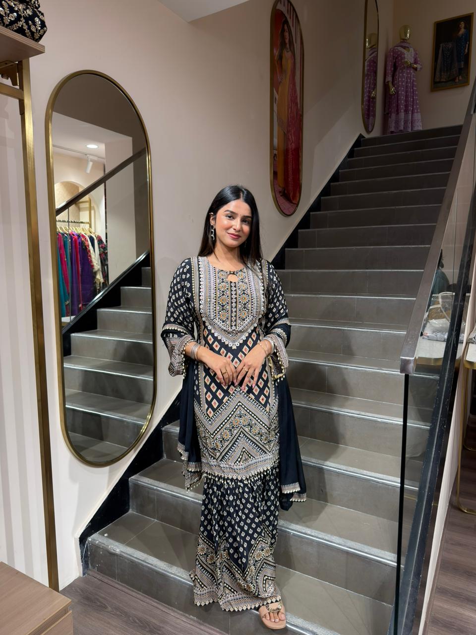 Black Printed Kurta Sharara Set with Dupatta – Ethnic Festive Wear for Women
