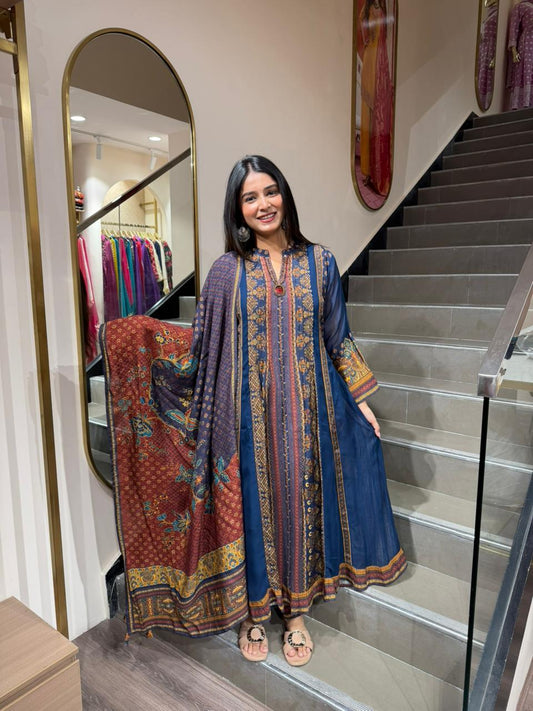 Navy Blue Printed Anarkali Suit Set with Contrast Dupatta – Festive Ethnic Wear