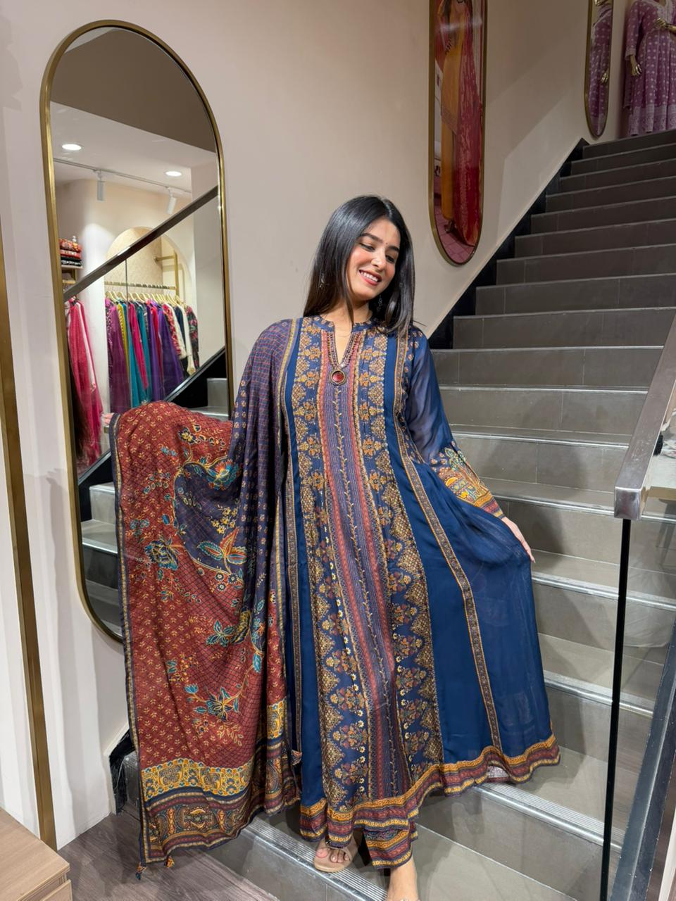 Navy Blue Printed Anarkali Suit Set with Contrast Dupatta – Festive Ethnic Wear