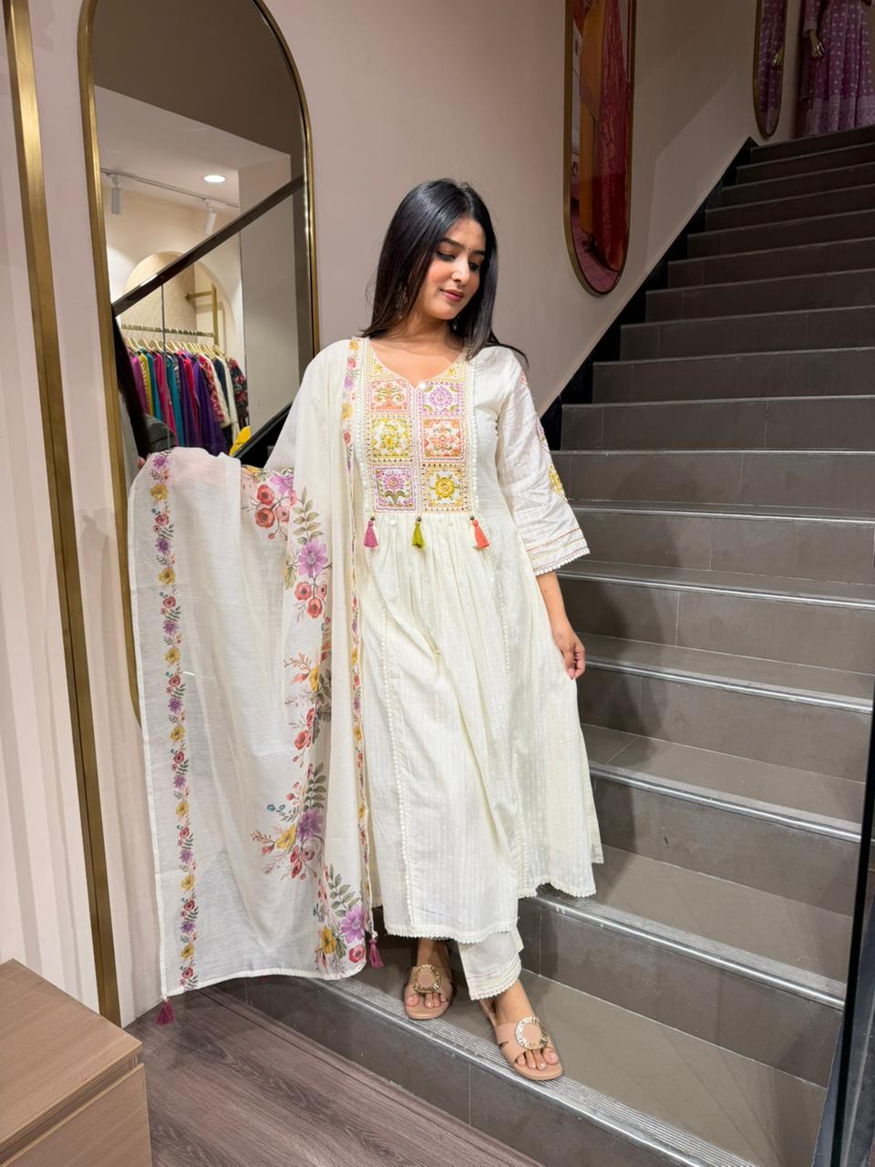 Off White Embroidered Kurta Set with Floral Dupatta – Elegant Ethnic Wear for Women