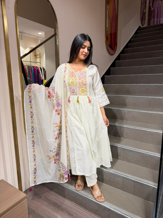 Off White Embroidered Kurta Set with Floral Dupatta – Elegant Ethnic Wear for Women