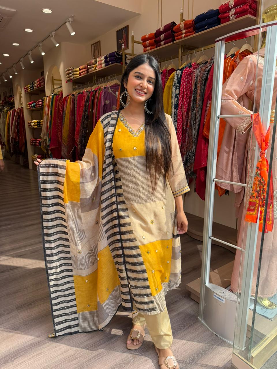Mustard & Beige Straight Kurta Set with Striped Dupatta – Casual Ethnic Wear for Women