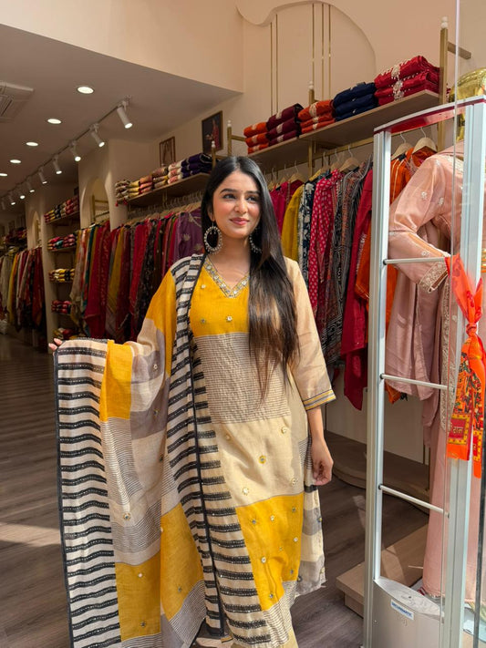 Mustard & Beige Straight Kurta Set with Striped Dupatta – Casual Ethnic Wear for Women