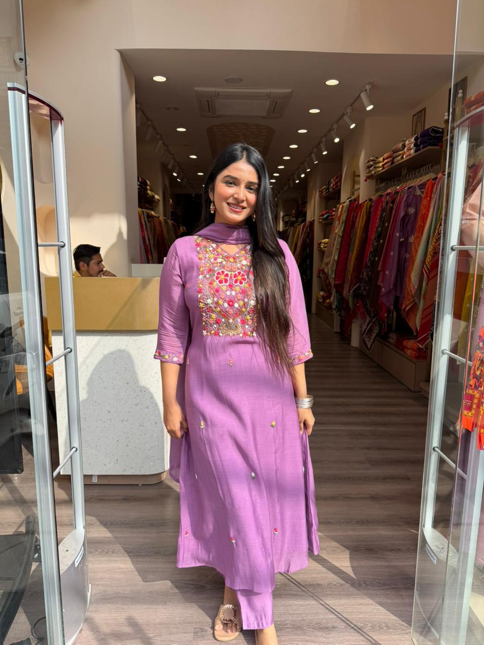 Lavender Embroidered Kurta Set with Dupatta – Festive Ethnic Wear for Women