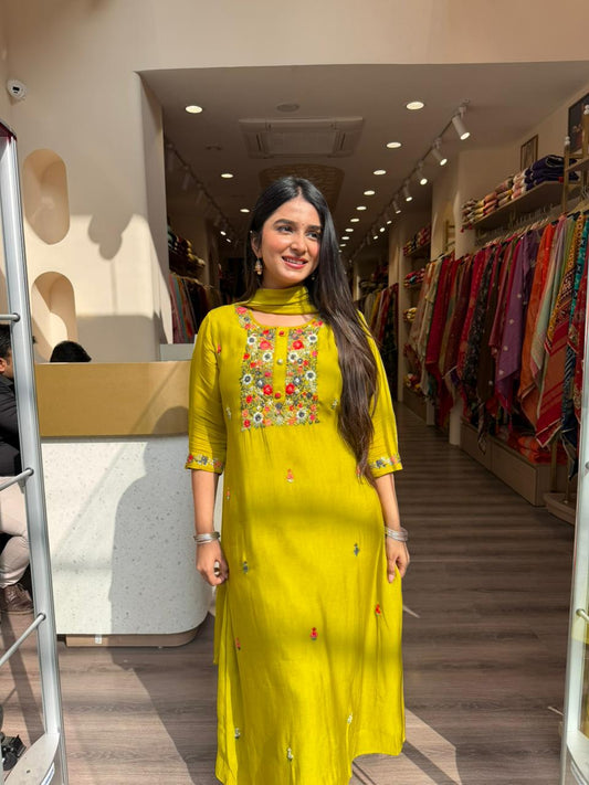 Mustard Yellow Embroidered Straight Kurta Set with Dupatta for Women