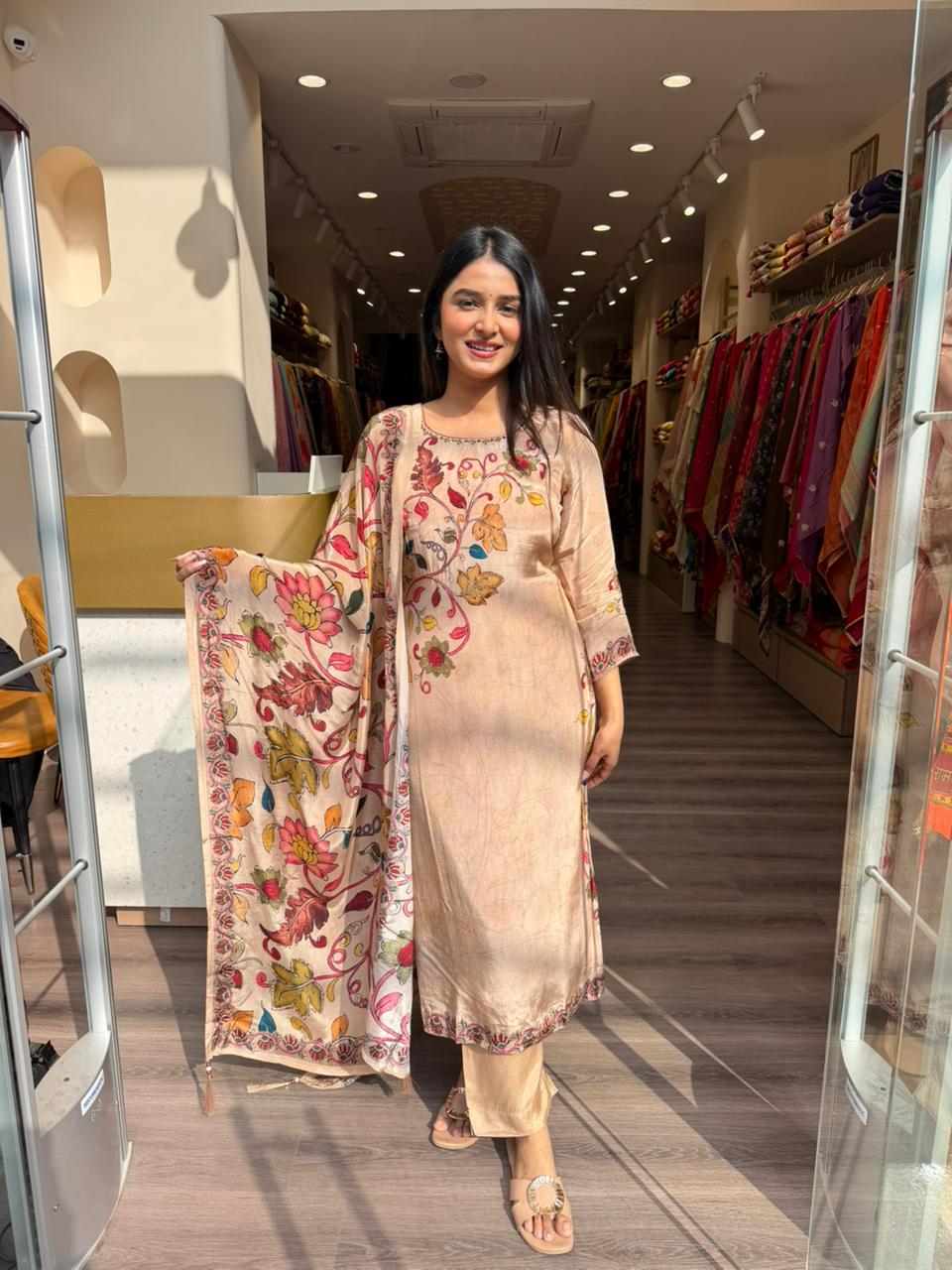 Beige Floral Printed Kurta Set with Dupatta for Women | Elegant Ethnic Wear