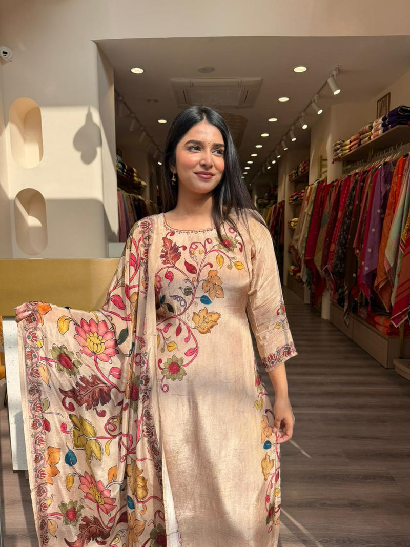 Beige Floral Printed Kurta Set with Dupatta for Women | Elegant Ethnic Wear