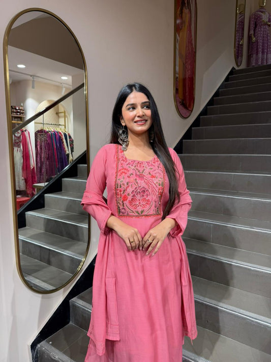 Rose Pink Embroidered A-Line Kurta Set with Dupatta for Women