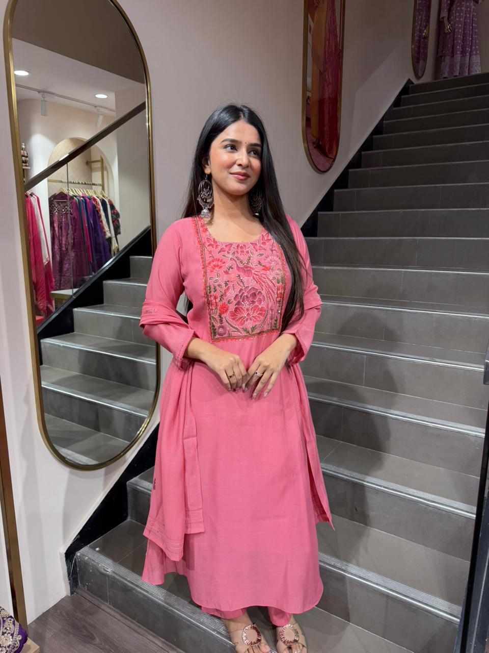 Rose Pink Embroidered A-Line Kurta Set with Dupatta for Women