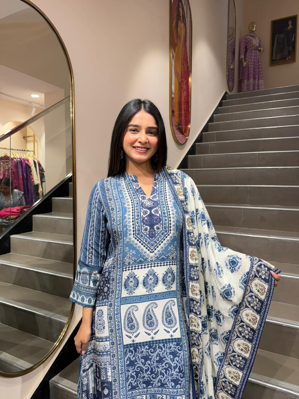 Blue & White Printed Kurta Set with Dupatta for Women | Daily Wear Ethnic