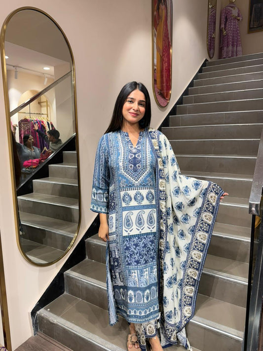 Blue & White Printed Kurta Set with Dupatta for Women | Daily Wear Ethnic