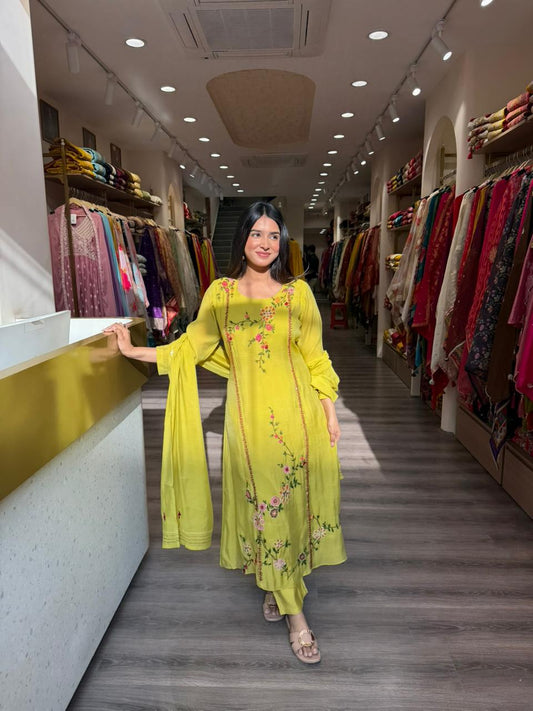 Lime Yellow Floral Embroidered Kurta Set with Dupatta for Women