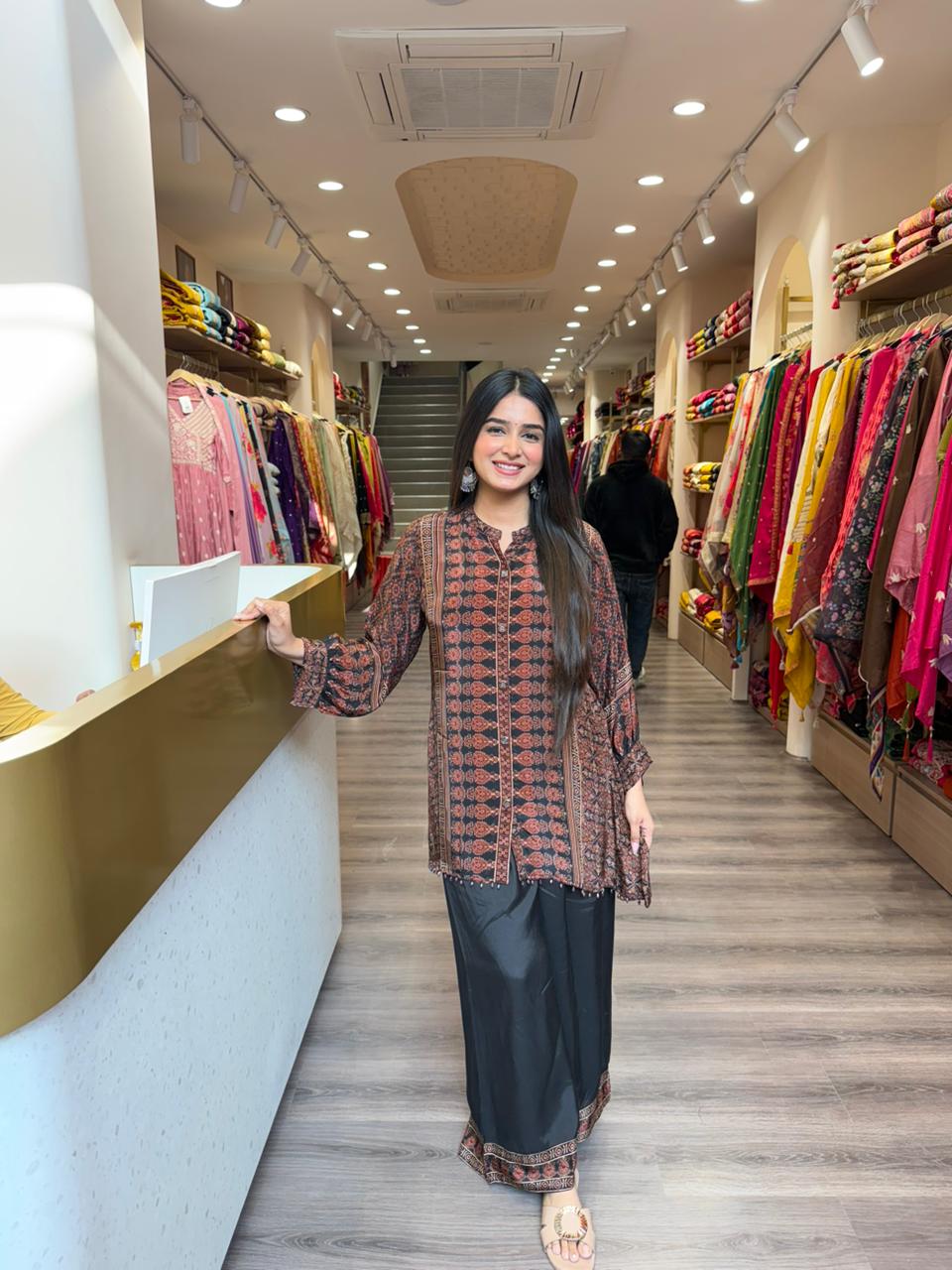 Black & Rust Printed Short Kurti with Palazzo Set for Women