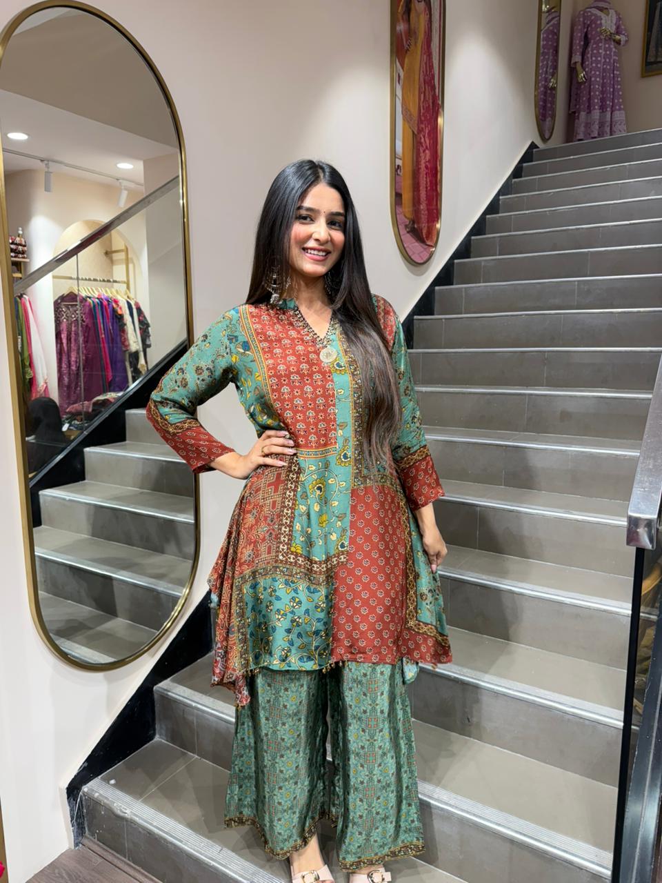 Multi Color Patchwork Printed Peplum Kurti with Sharara Set for Women