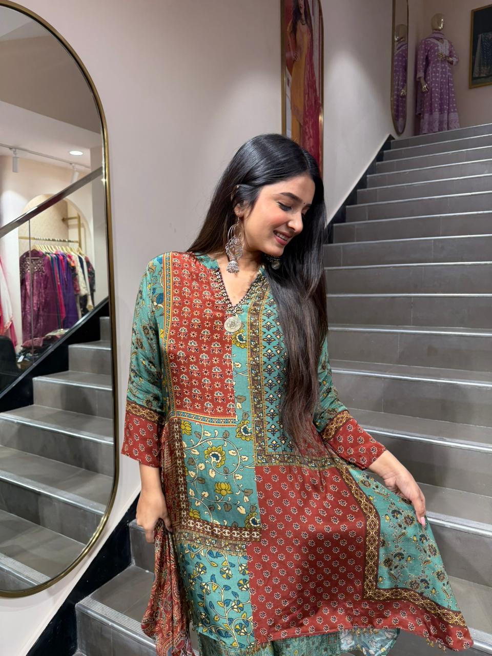 Multi Color Patchwork Printed Peplum Kurti with Sharara Set for Women