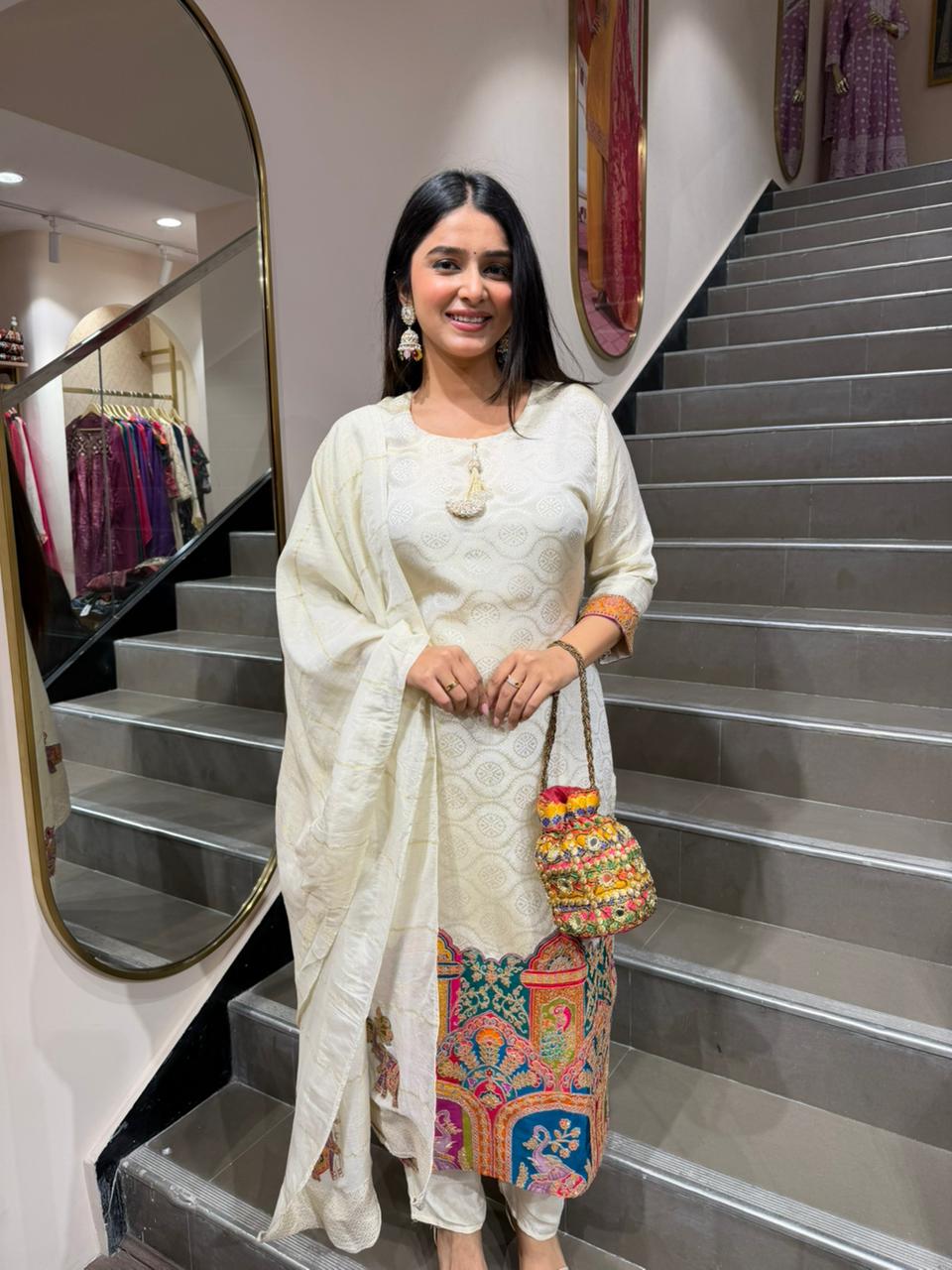 Off White Embroidered Kurta Set with Printed Hem & Dupatta for Women