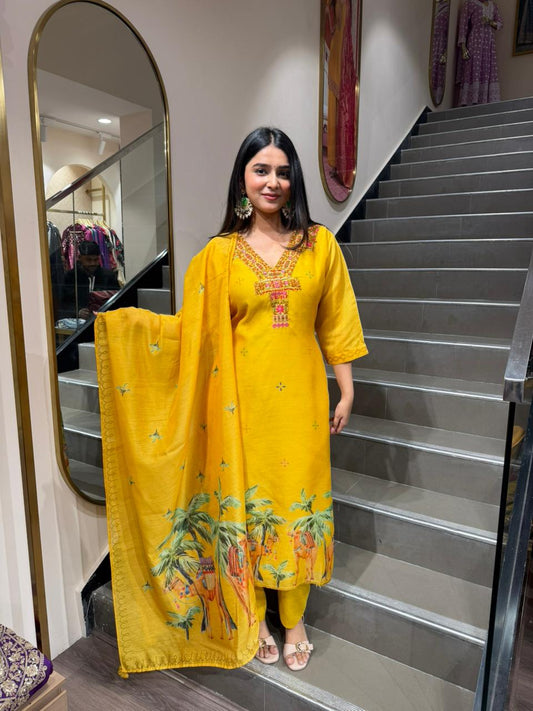 Yellow Scenic Printed Kurta Set with Dupatta for Women | Camel & Palm Design
