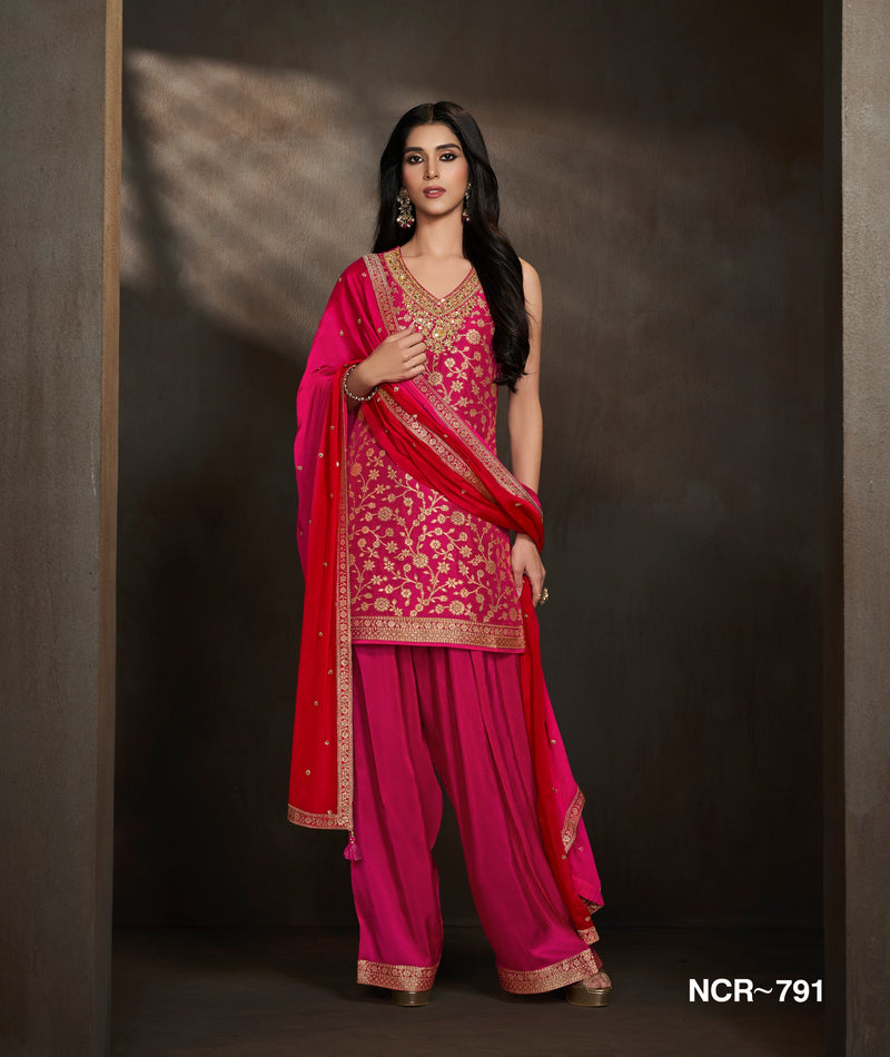 Rani Pink & Gold Embroidered Sharara Suit Set with Dupatta for Women | Luxury Wedding & Festive Wear