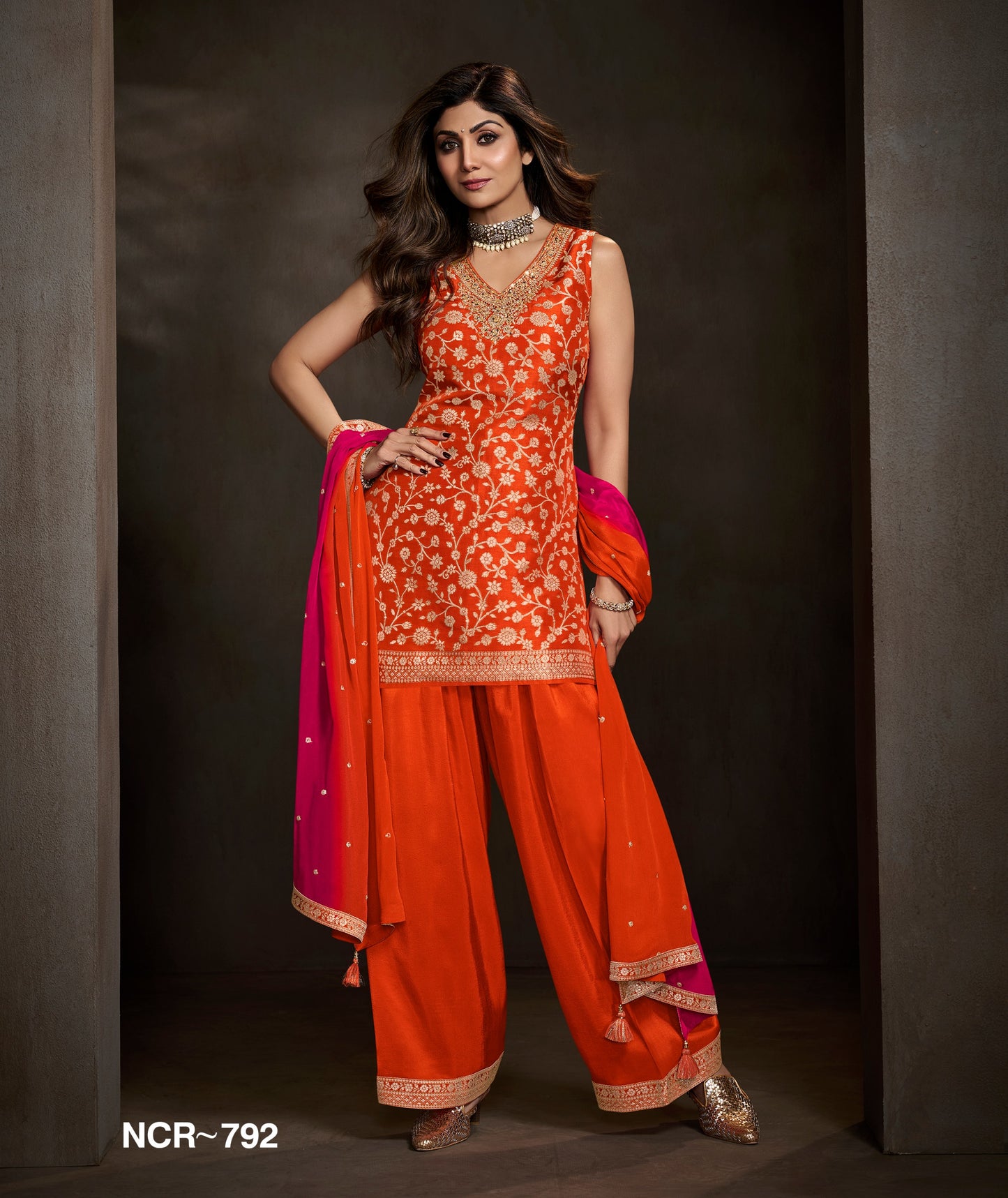 Orange & Gold Embroidered Sharara Suit Set with Pink Dupatta for Women | Luxury Wedding & Festive Wear