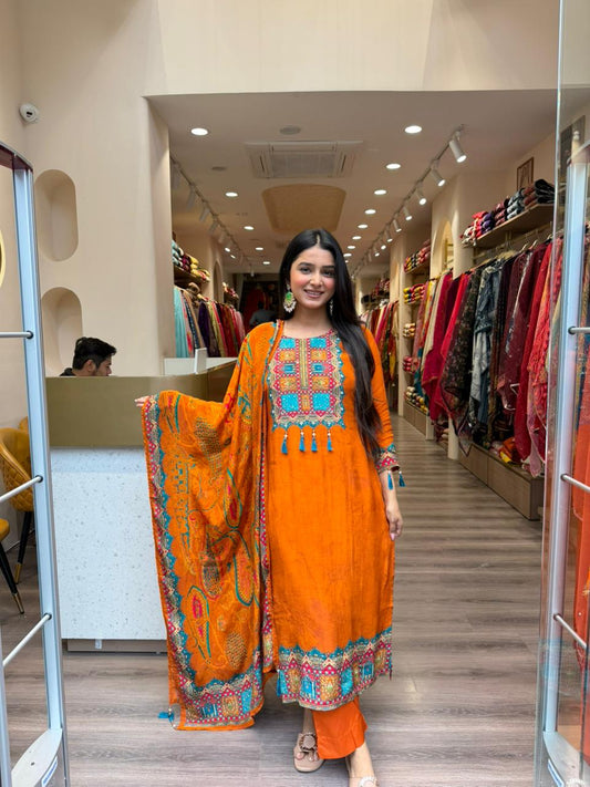Orange Multicolor Embroidered Kurta Set with Dupatta for Women | Festive Wear