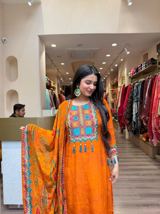 Orange Multicolor Embroidered Kurta Set with Dupatta for Women | Festive Wear