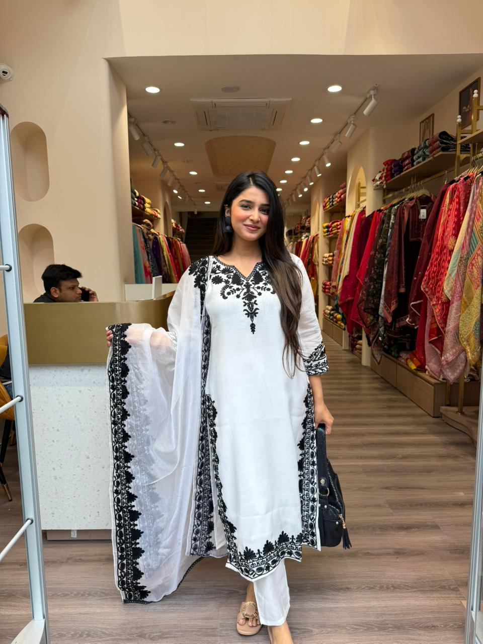 White & Black Embroidered Kurta Set with Dupatta for Women | Elegant Ethnic Wear