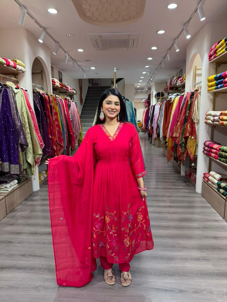 Rani Pink Embroidered Anarkali Kurta Set with Dupatta for Women | Festive & Party Wear Suit