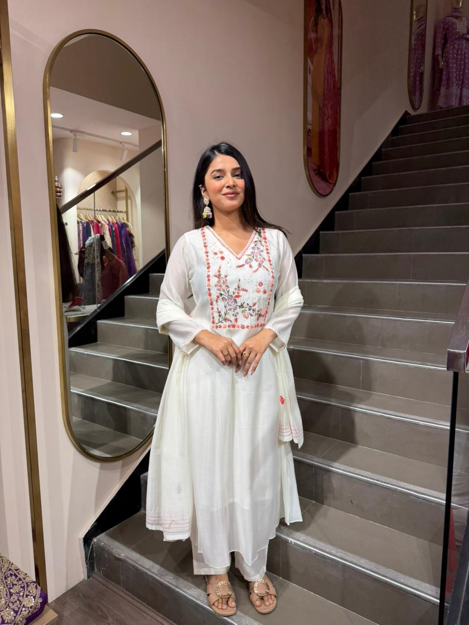 White Floral Embroidered A-Line Kurta Set with Dupatta for Women