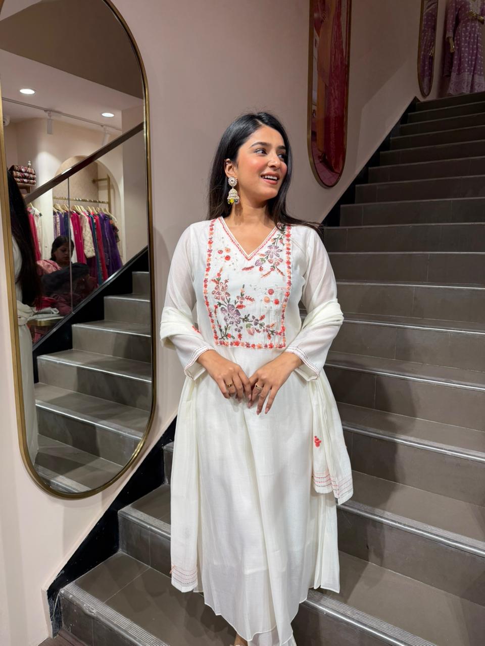 White Floral Embroidered A-Line Kurta Set with Dupatta for Women
