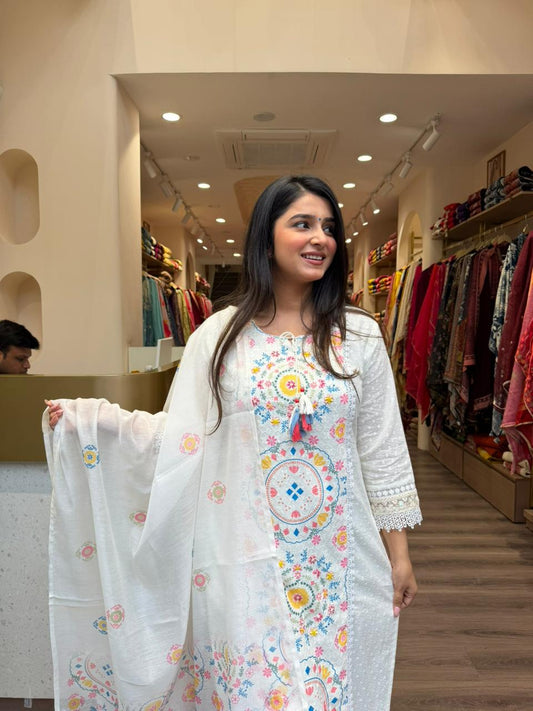 Off White Floral Embroidered Kurta Set with Dupatta for Women | Elegant Summer Festive Wear
