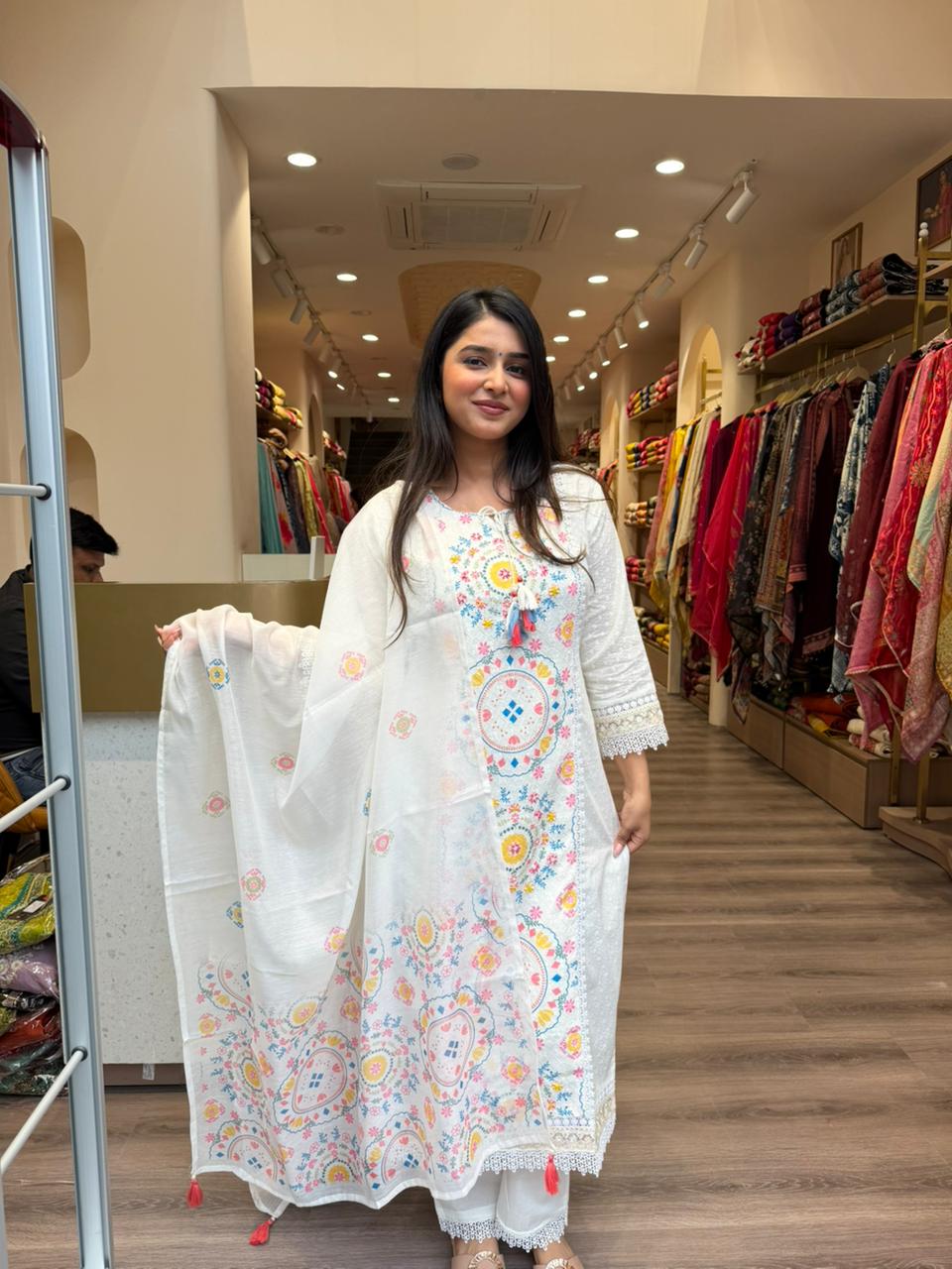 Off White Floral Embroidered Kurta Set with Dupatta for Women | Elegant Summer Festive Wear