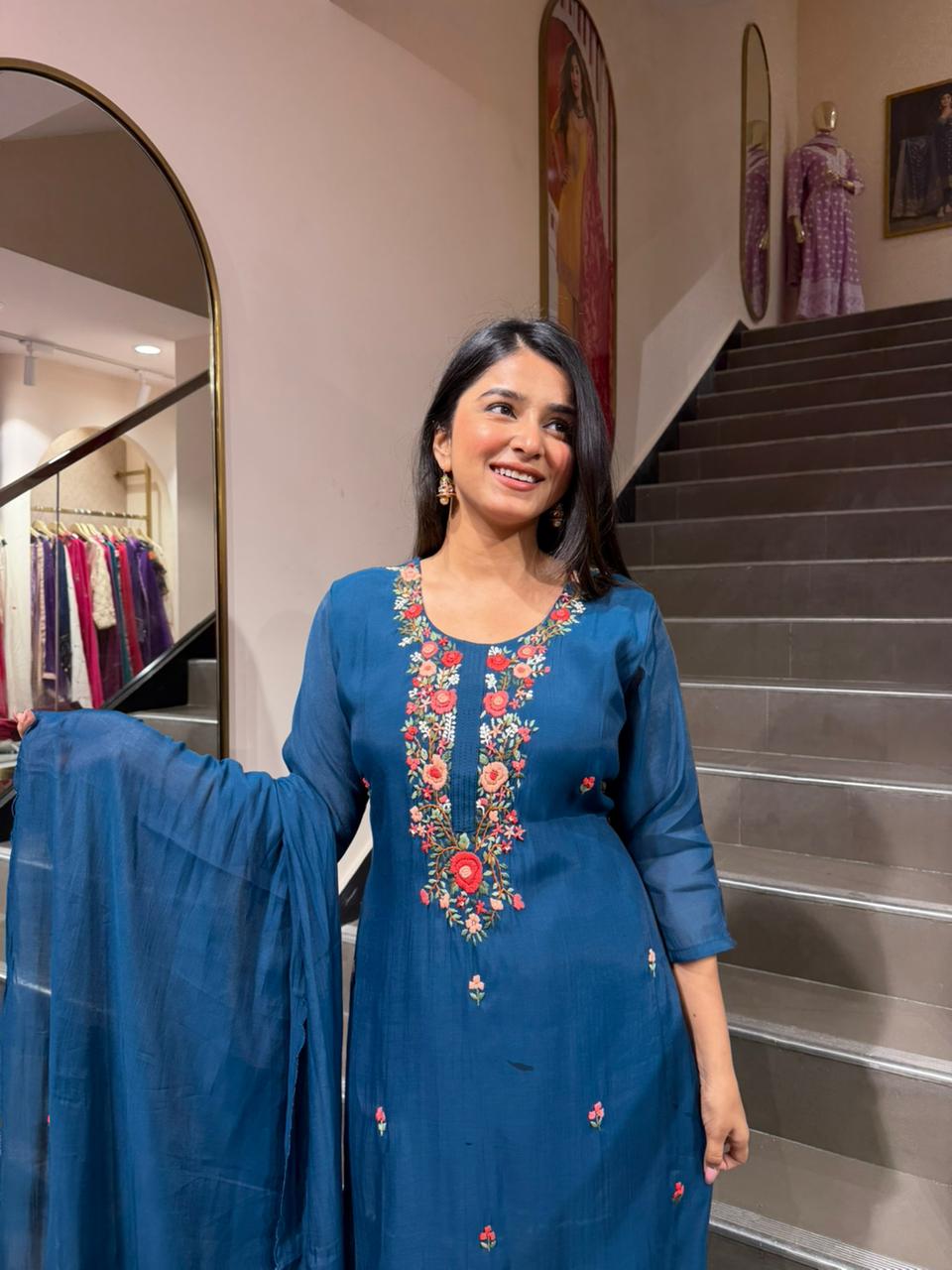 Teal Blue Embroidered Cotton Kurta Set with Dupatta for Women