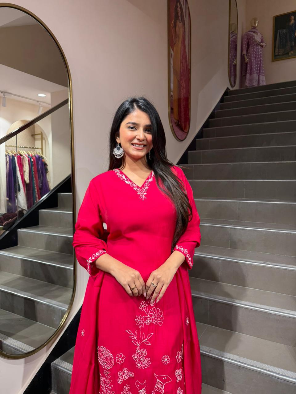 Rani Pink Embroidered Anarkali Kurta Set with Deer Motif for Women | Artistic Ethnic Wear