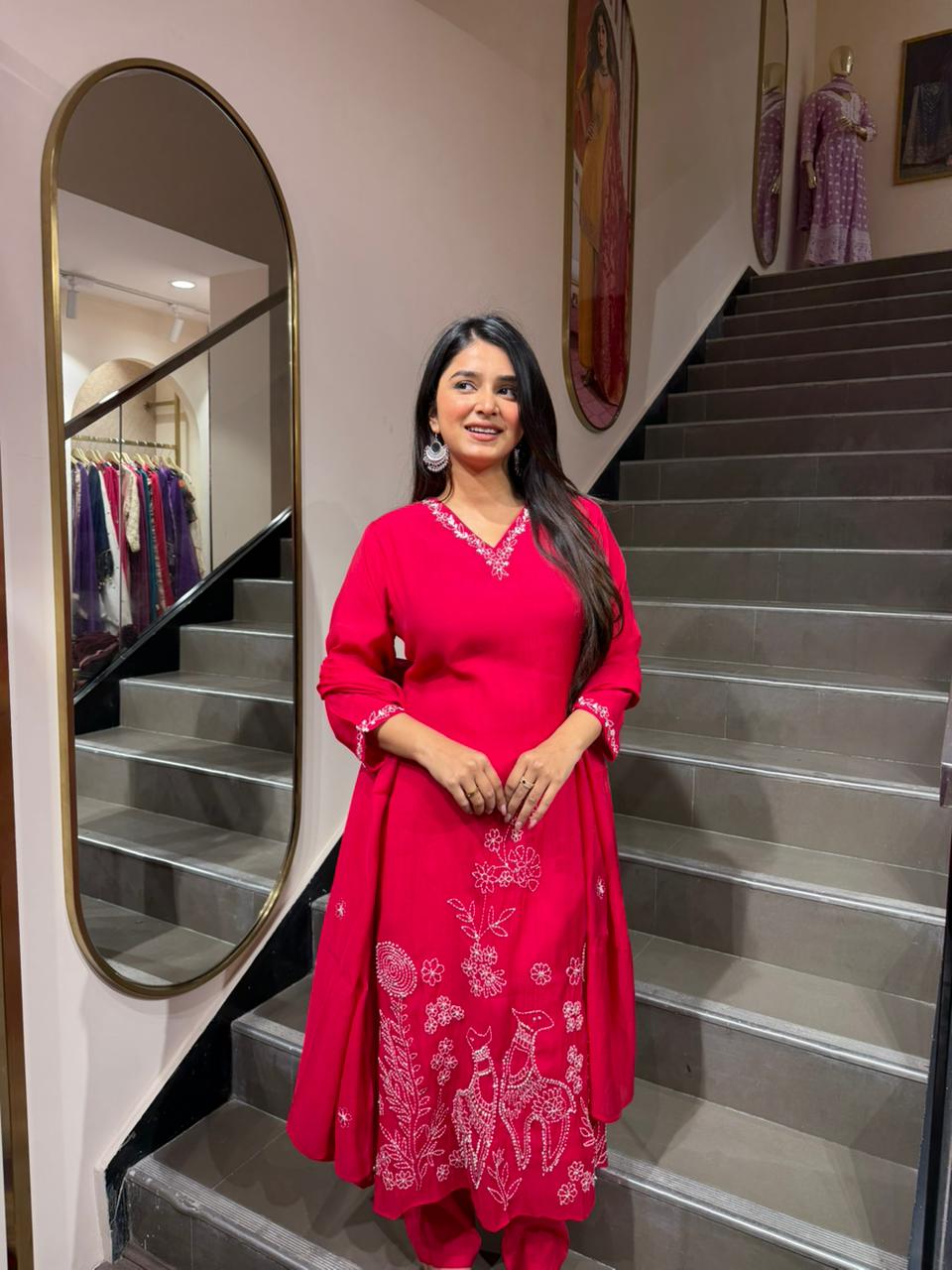 Rani Pink Embroidered Anarkali Kurta Set with Deer Motif for Women | Artistic Ethnic Wear