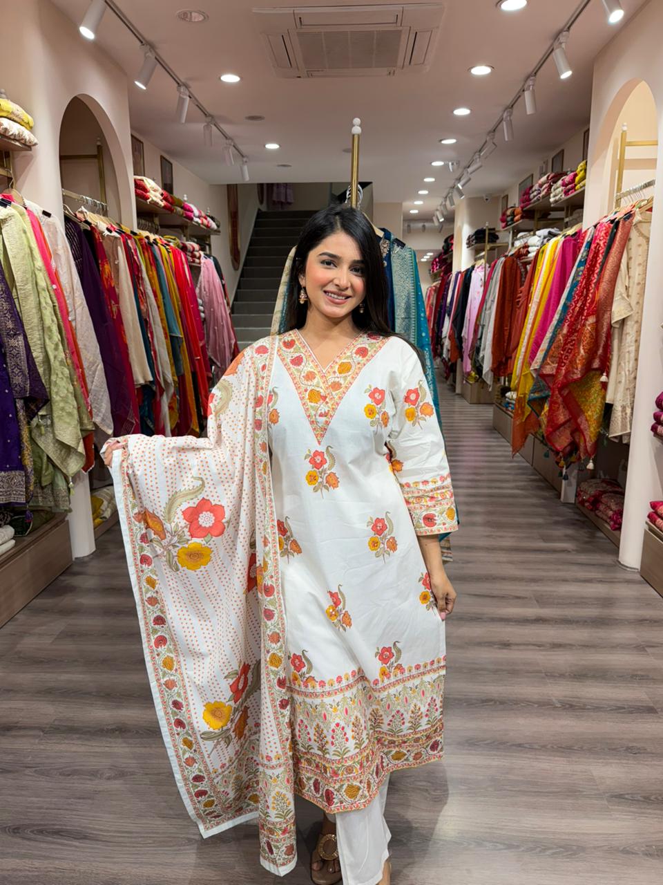 Powder Blue Floral Printed Cotton Kurta Set with Dupatta for Women | Summer Daily Wear