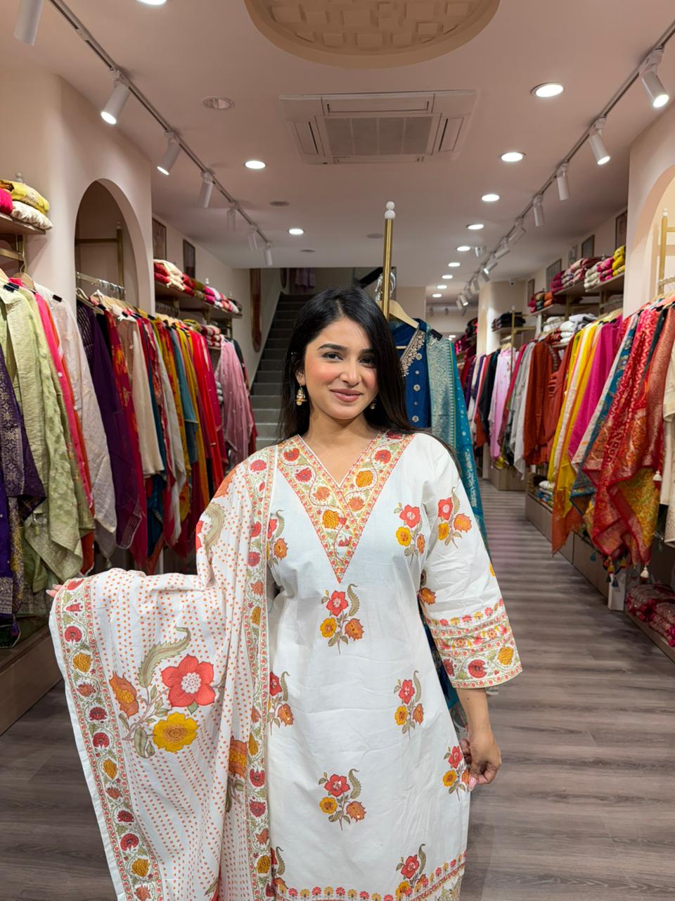 Powder Blue Floral Printed Cotton Kurta Set with Dupatta for Women | Summer Daily Wear