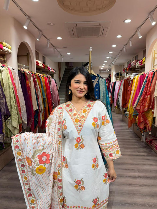 Powder Blue Floral Printed Cotton Kurta Set with Dupatta for Women | Summer Daily Wear