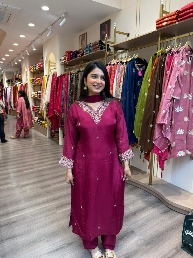 Wine Color Embroidered Silk Kurta Set for Women | Festive Ethnic Wear