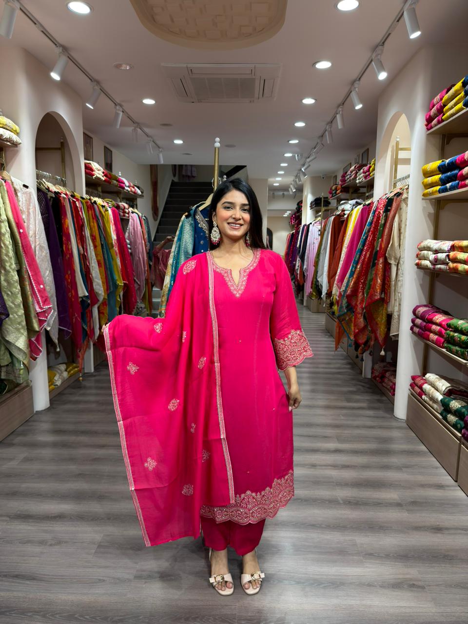 Rani Pink Embroidered Kurta Set with Dupatta for Women | Elegant Festive Wear Suit