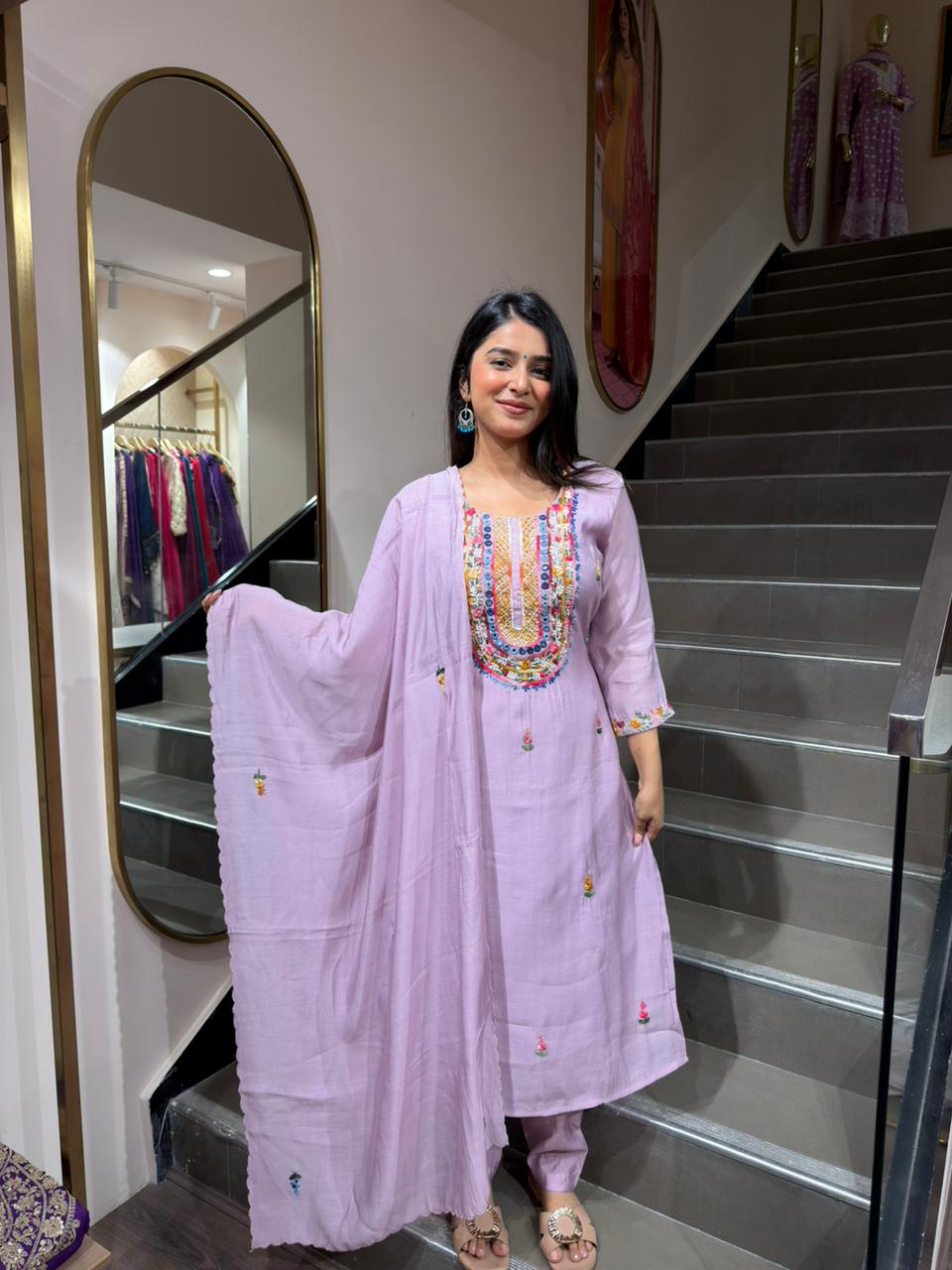Lavender Embroidered Kurta Set with Dupatta for Women | Elegant Pastel Ethnic Wear