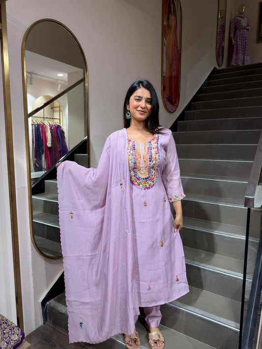 Lavender Embroidered Kurta Set with Dupatta for Women | Elegant Pastel Ethnic Wear
