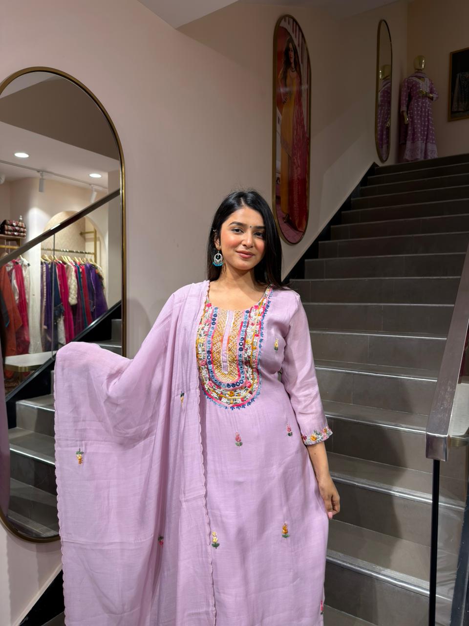 Lavender Embroidered Kurta Set with Dupatta for Women | Elegant Pastel Ethnic Wear