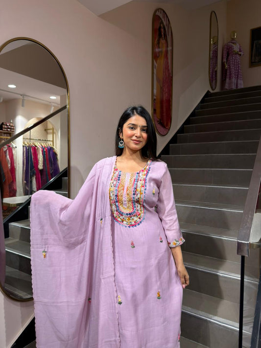 Lavender Embroidered Kurta Set with Dupatta for Women | Elegant Pastel Ethnic Wear
